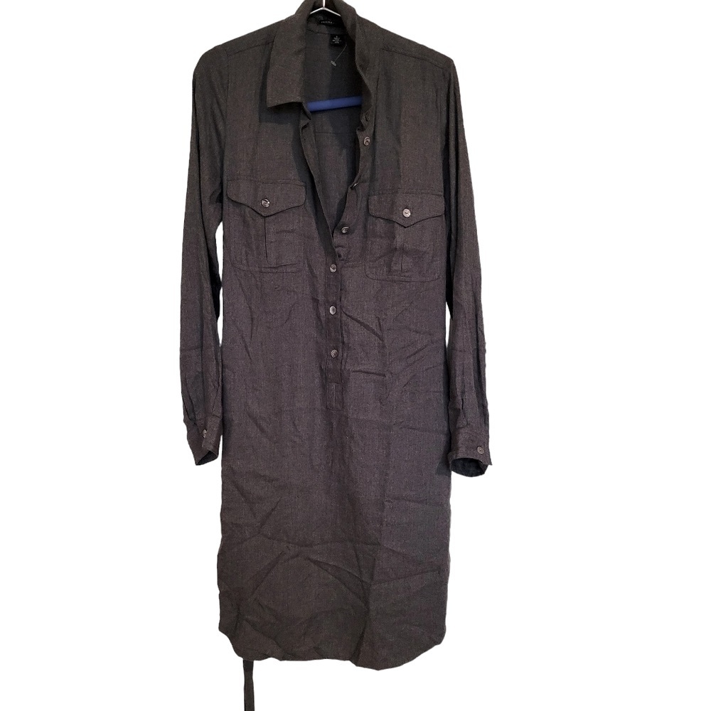 NWOT Isda&Co Shirt Dress Sz Small Button Front Long Sleeve Belt Pocket Dark Gray